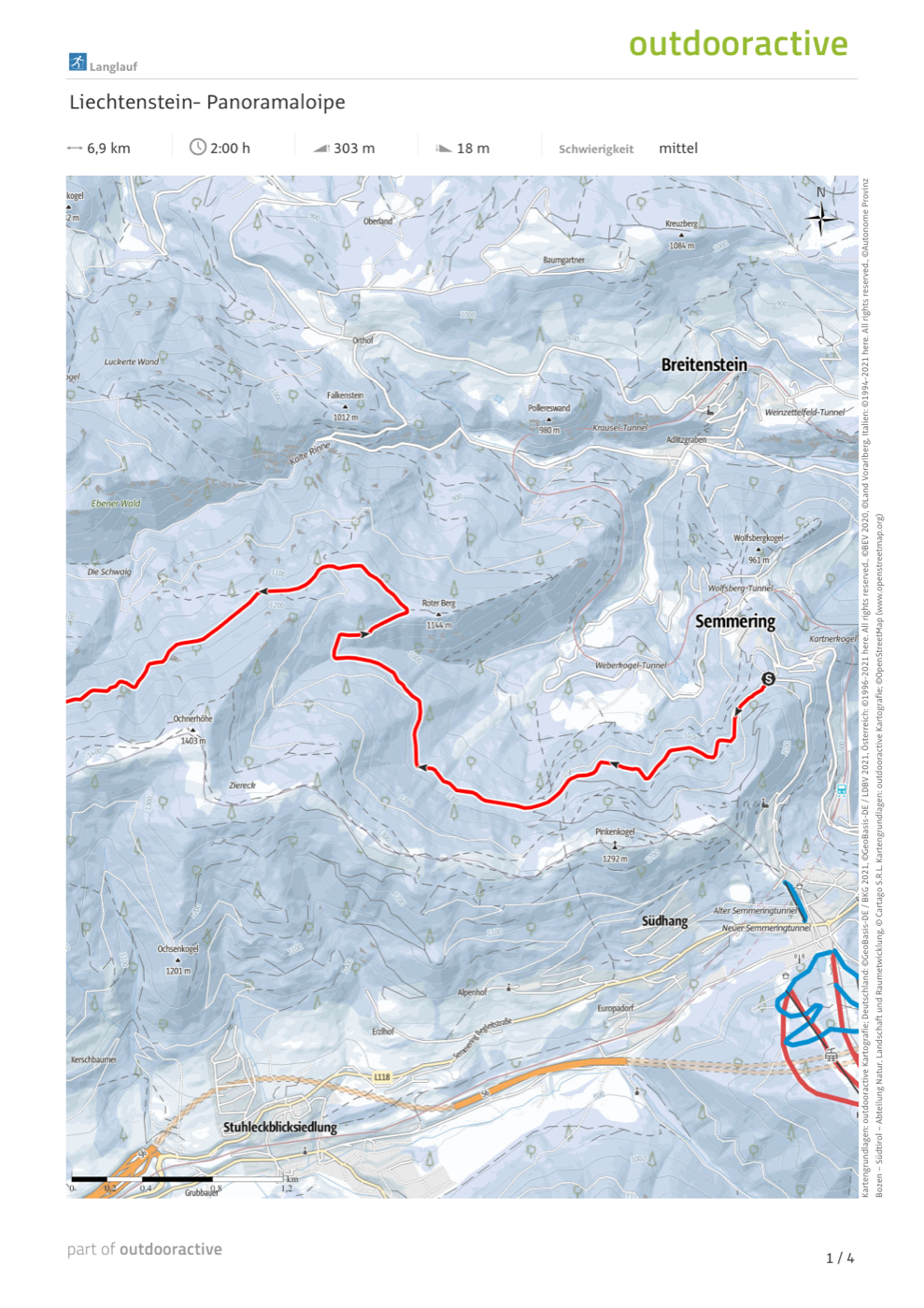 Streckenkarte Liechtensteinloipe 7 km — Semmering