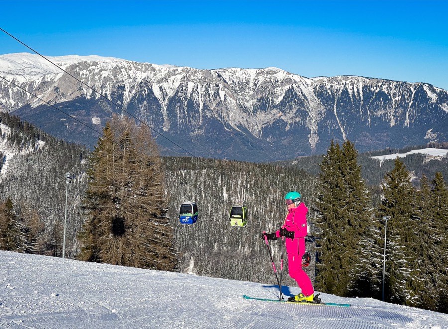 Wintergruppen mit Bergpanorama